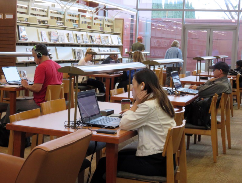 Plusieurs usagers d'une bibliothèque en train de travailler devant leur ordinateur.