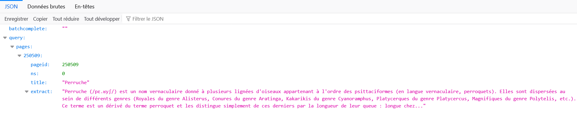 Résultat de la requête API au format JSON