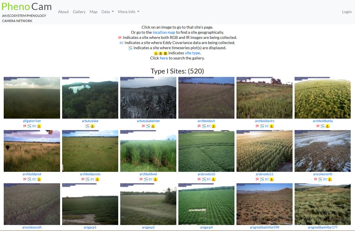 PhenoCam : grille de sites naturels avec images RGB et IR, statut de collecte et type de données pour 520 emplacements.