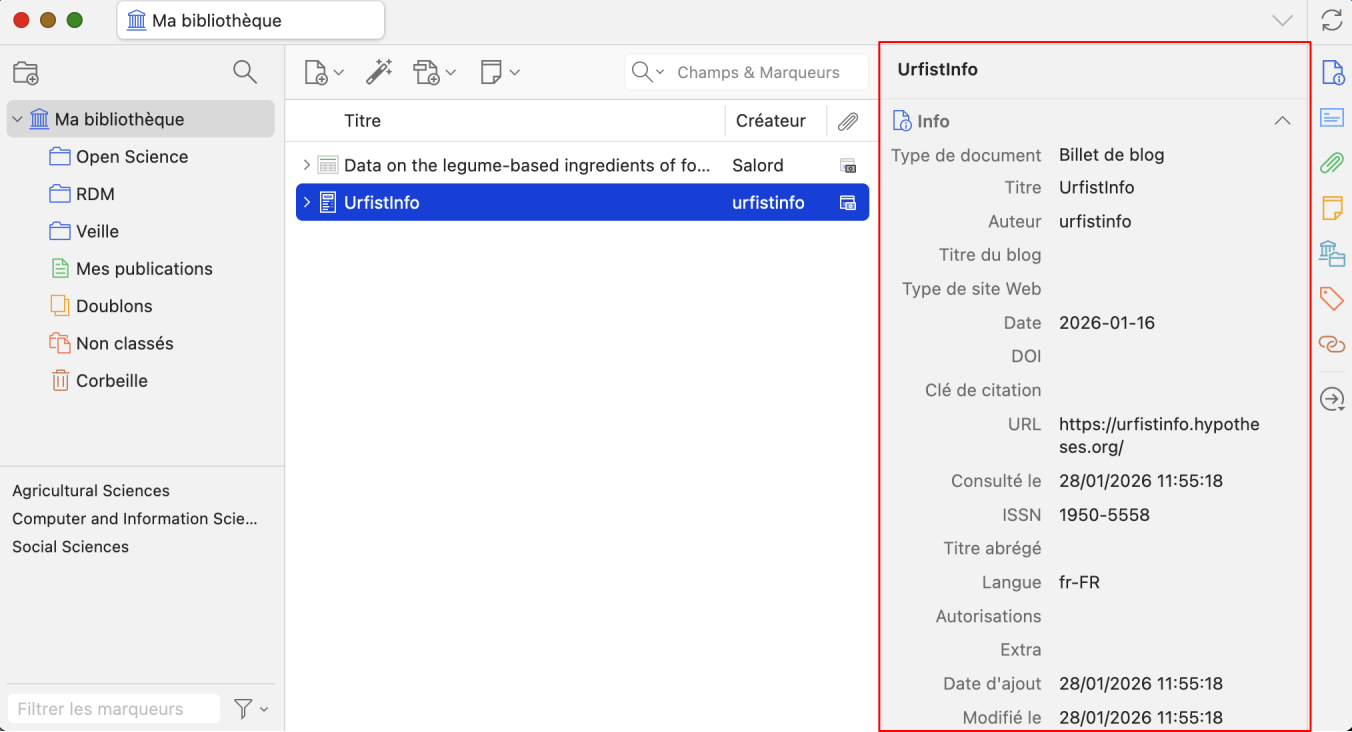 Capture d'écran de Zotero montrant les métadonnées de la référence Urfist Info.