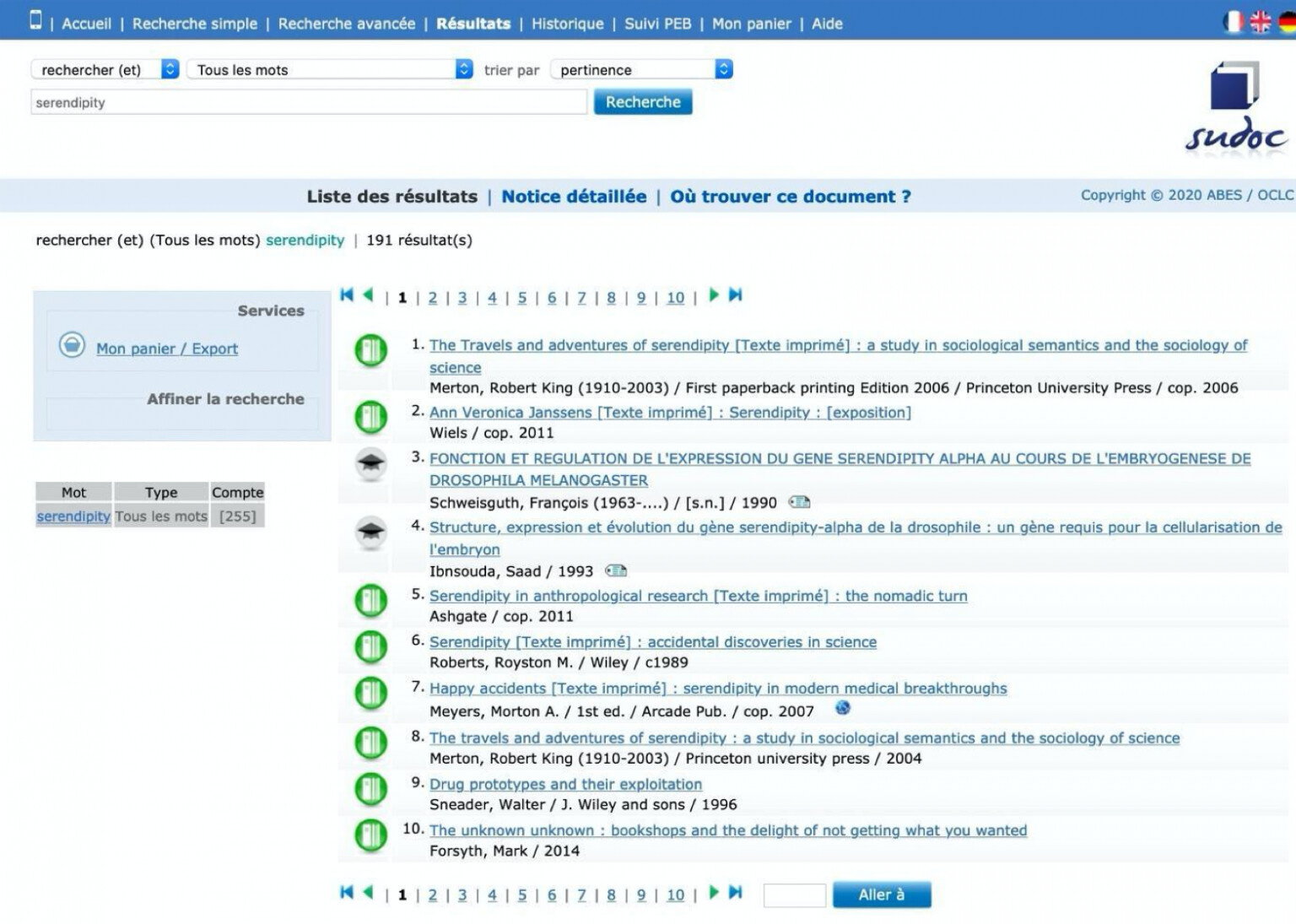 Screenshot of the Sudoc results page.